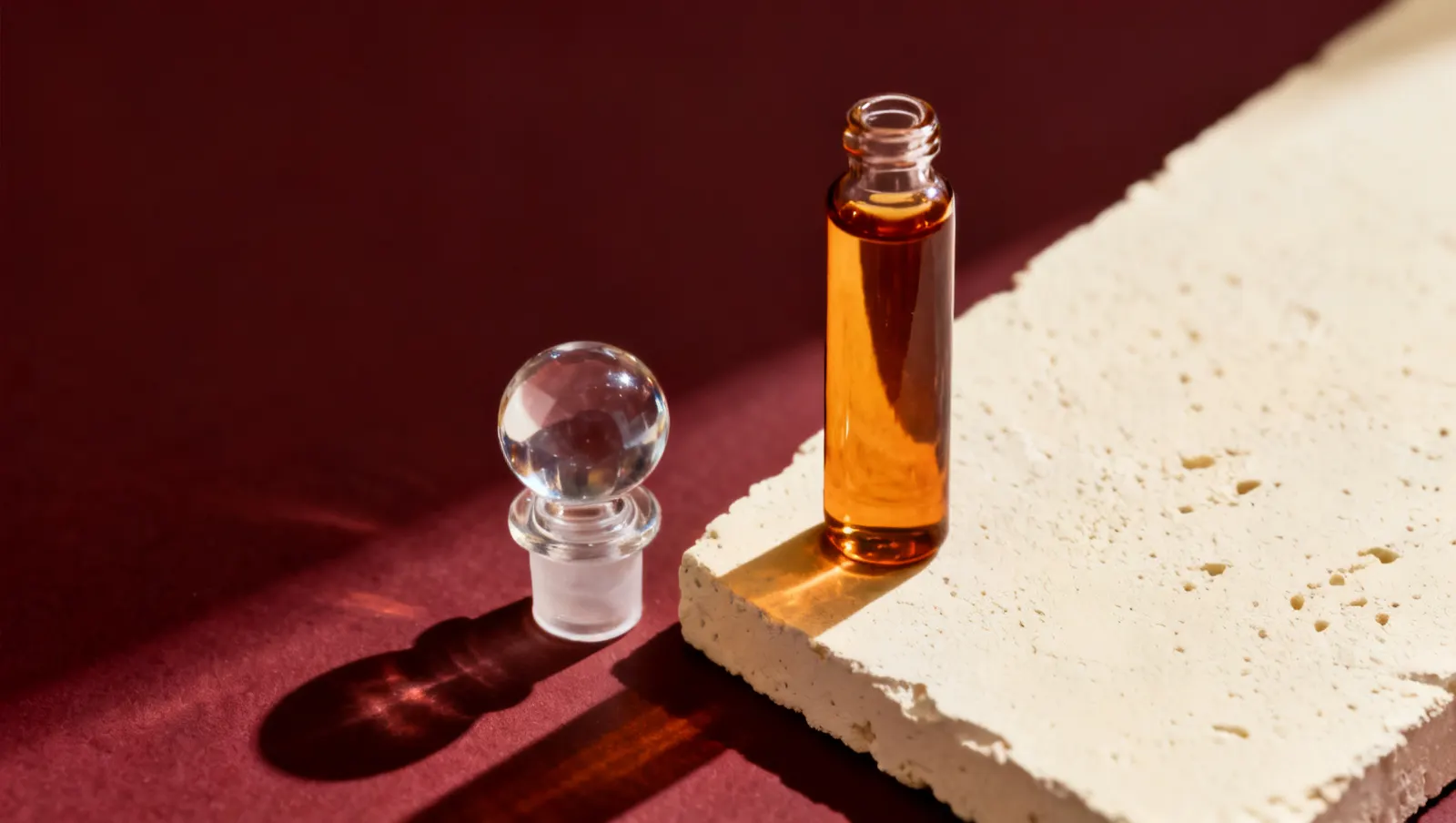Natureza-morta em luz lateral dura: uma tampa pesada de vidro transparente e um frasco alto de vidro transparente, sobre fundo vinho e creme