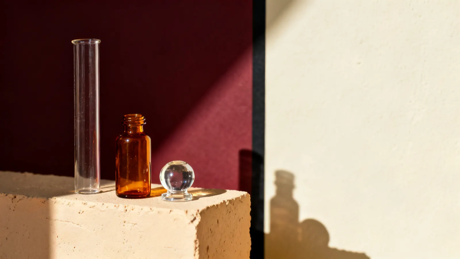 Natureza-morta em luz lateral dura: um frasco alto de vidro transparente e uma tampa pesada de vidro transparente, sobre fundo vinho e creme