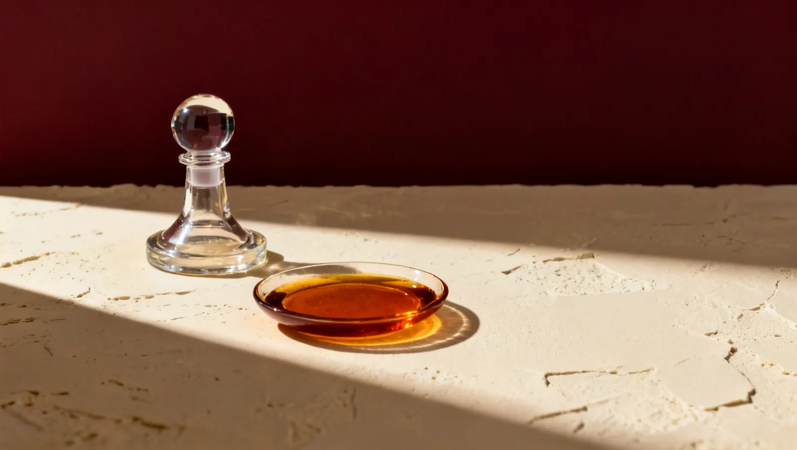 Natureza-morta em luz lateral dura: uma tampa pesada de vidro transparente e um prato raso com liquido ambar, sobre fundo vinho e creme