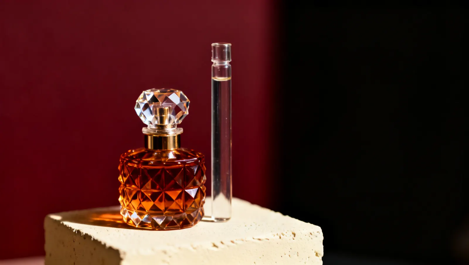 Natureza-morta em luz lateral dura: um frasco de cristal facetado sem rotulo e um frasco alto de vidro transparente, sobre fundo vinho e creme