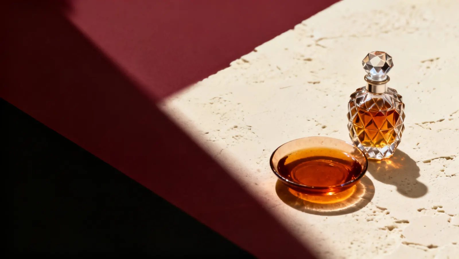 Natureza-morta em luz lateral dura: um frasco de cristal facetado sem rotulo e um prato raso com liquido ambar, sobre fundo vinho e creme