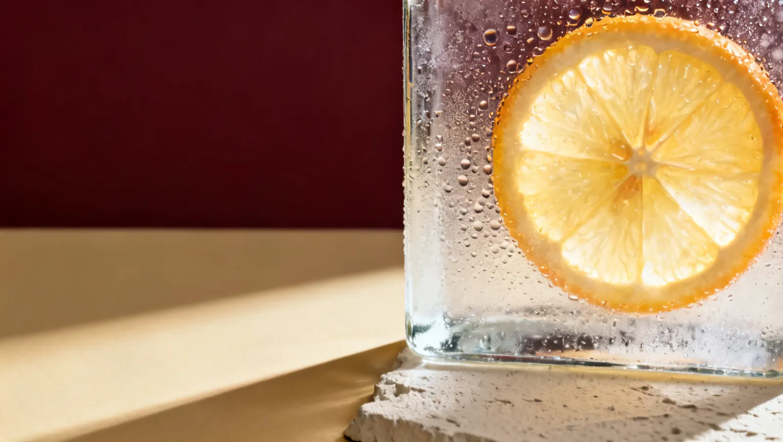 Natureza-morta em luz lateral dura: condensacao fria em gotas sobre vidro e uma rodela de citrico contra a luz, sobre fundo vinho e creme