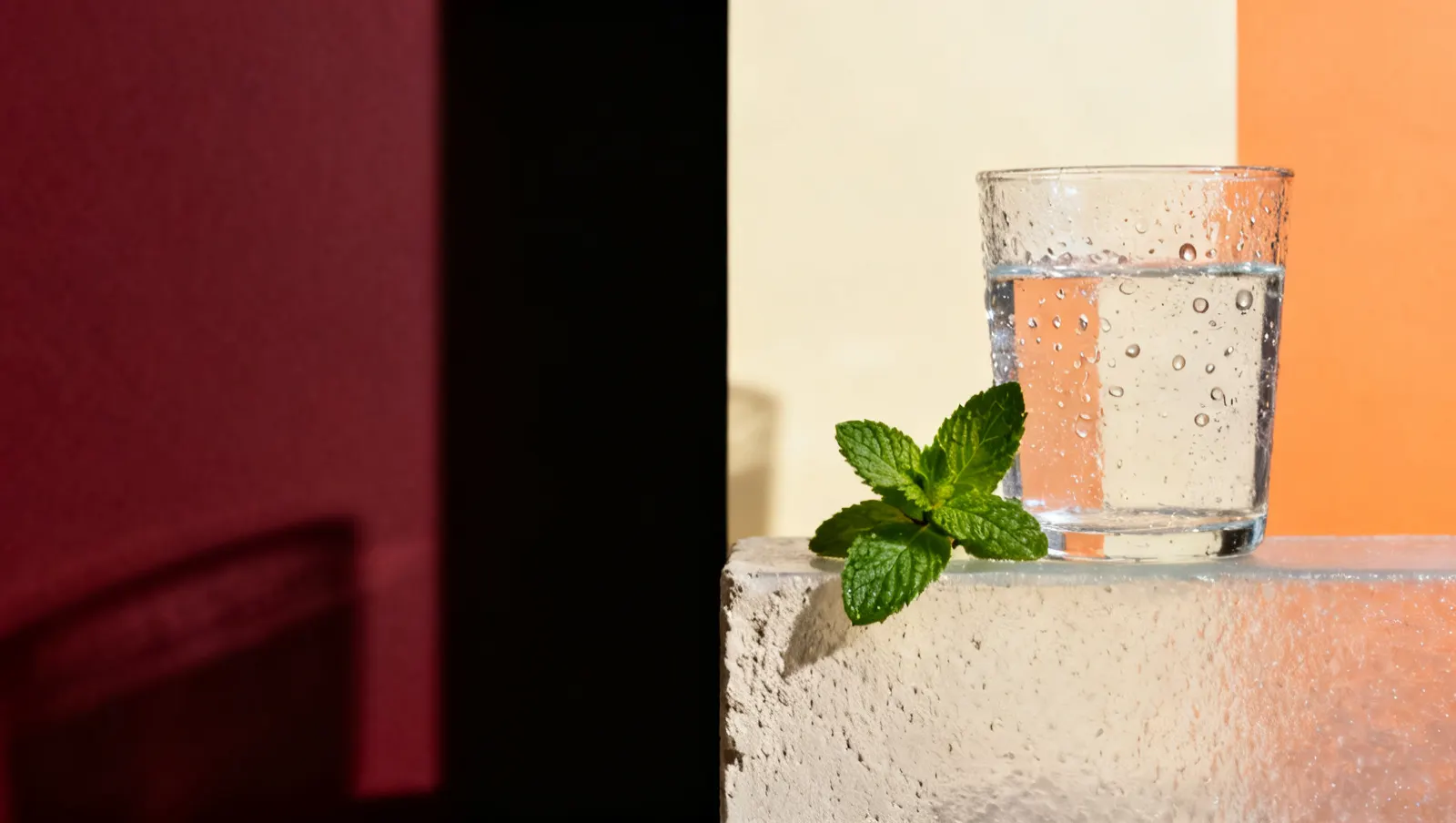 Natureza-morta em luz lateral dura: um ramo de hortela fresca e condensacao fria em gotas sobre vidro, sobre fundo vinho e creme