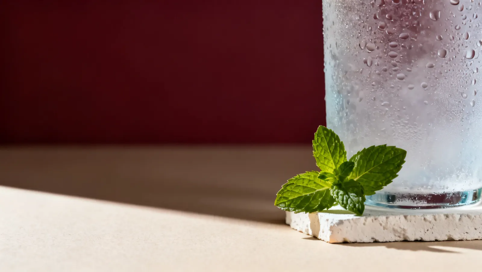 Natureza-morta em luz lateral dura: condensacao fria em gotas sobre vidro e um ramo de hortela fresca, sobre fundo vinho e creme