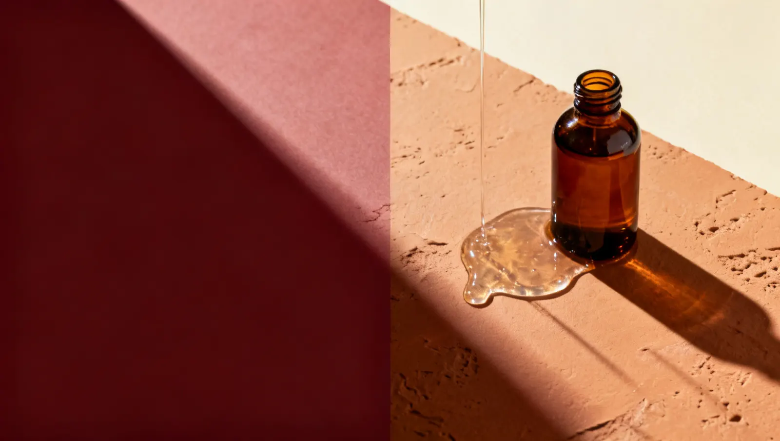 Natureza-morta em luz lateral dura: um fio de gel transparente espesso e um frasco de vidro ambar sem rotulo, sobre fundo vinho e creme