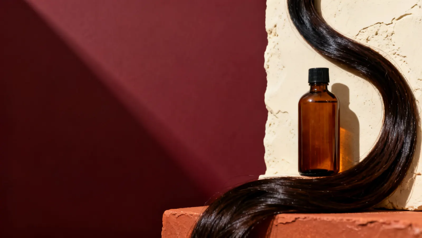 Natureza-morta em luz lateral dura: um frasco de vidro ambar sem rotulo e uma mecha longa de cabelo escuro brilhante em curva, sobre fundo vinho e creme