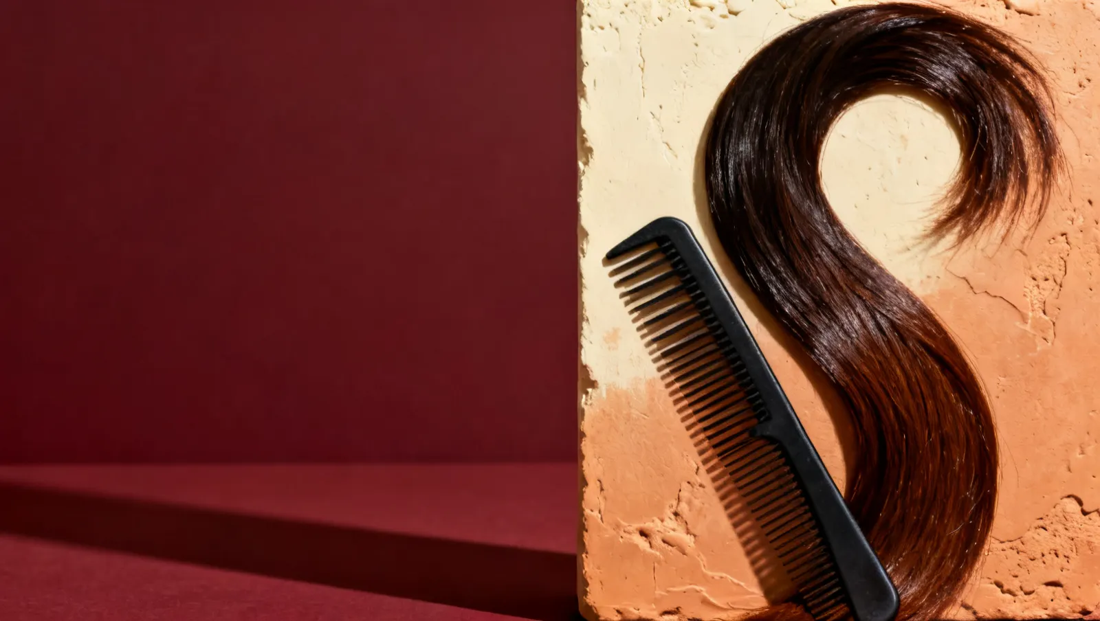 Natureza-morta em luz lateral dura: um pente de dentes largos e uma mecha longa de cabelo escuro brilhante em curva, sobre fundo vinho e creme