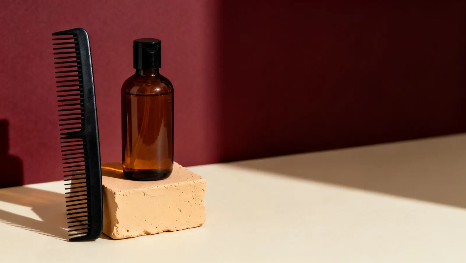 Natureza-morta em luz lateral dura: um pente de dentes largos e um frasco de vidro ambar sem rotulo, sobre fundo vinho e creme