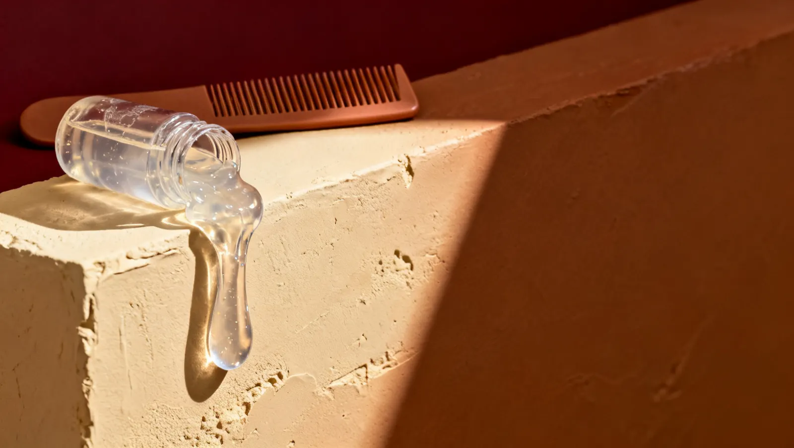 Natureza-morta em luz lateral dura: um fio de gel transparente espesso e um pente de dentes largos, sobre fundo vinho e creme