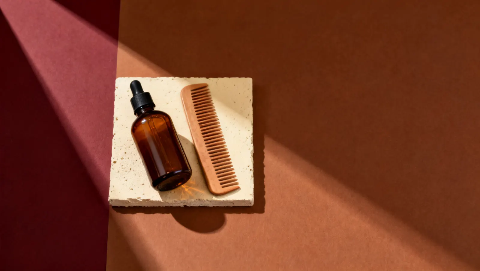 Natureza-morta em luz lateral dura: um frasco de vidro ambar sem rotulo e um pente de dentes largos, sobre fundo vinho e creme