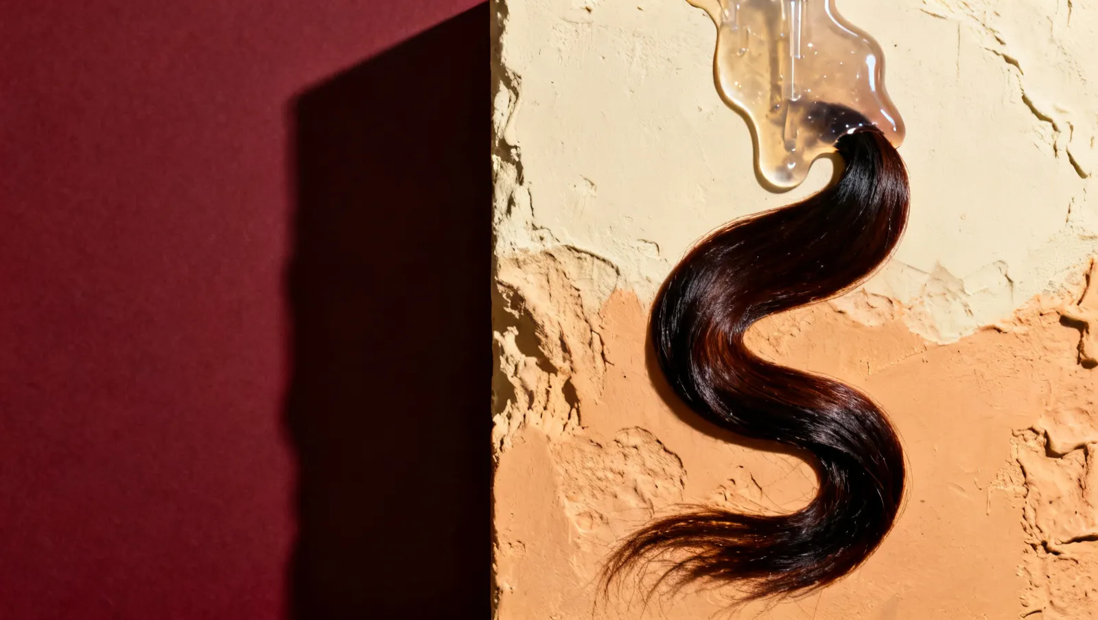 Natureza-morta em luz lateral dura: um fio de gel transparente espesso e uma mecha longa de cabelo escuro brilhante em curva, sobre fundo vinho e creme