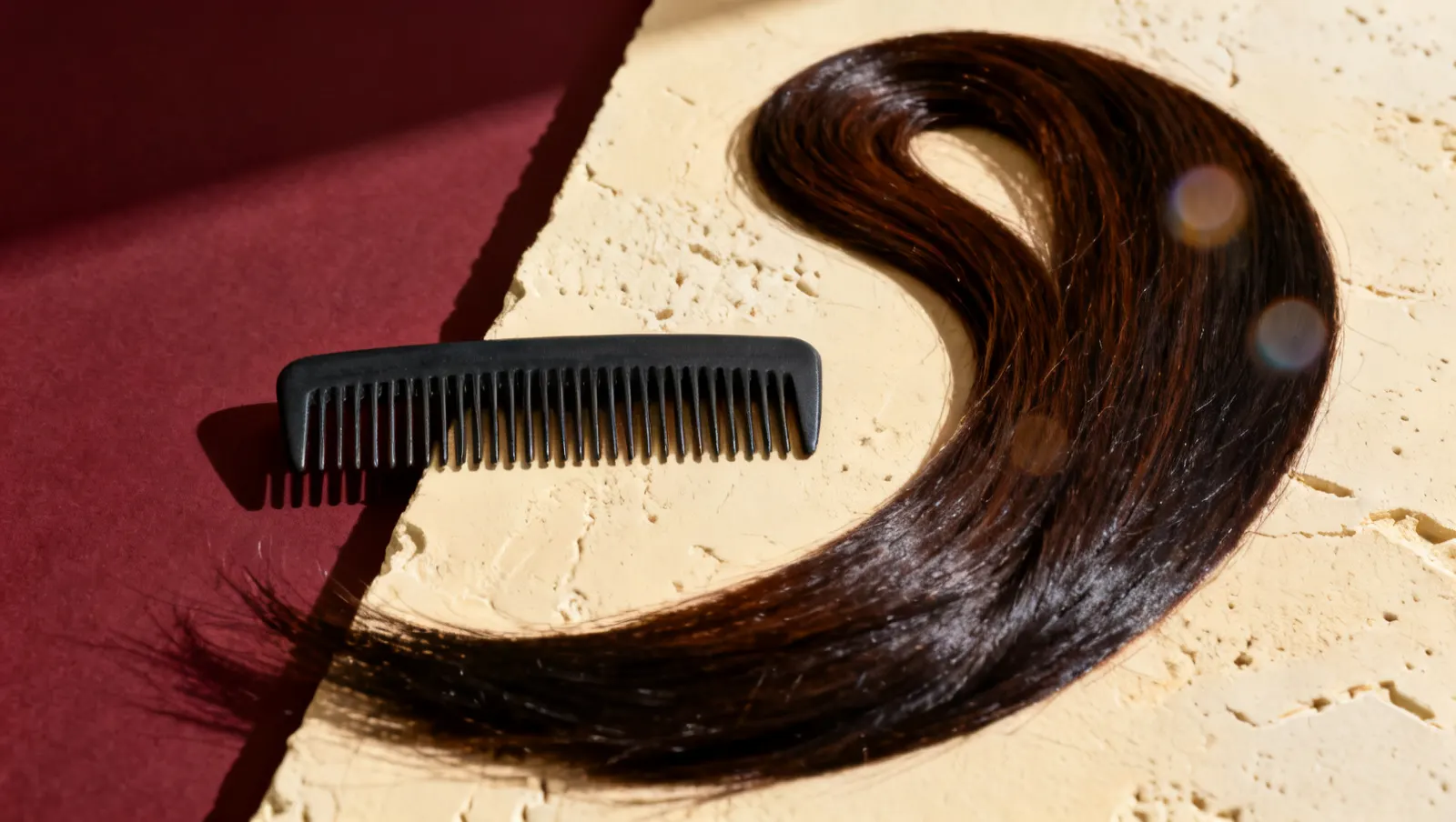 Natureza-morta em luz lateral dura: um pente de dentes largos e uma mecha longa de cabelo escuro brilhante em curva, sobre fundo vinho e creme