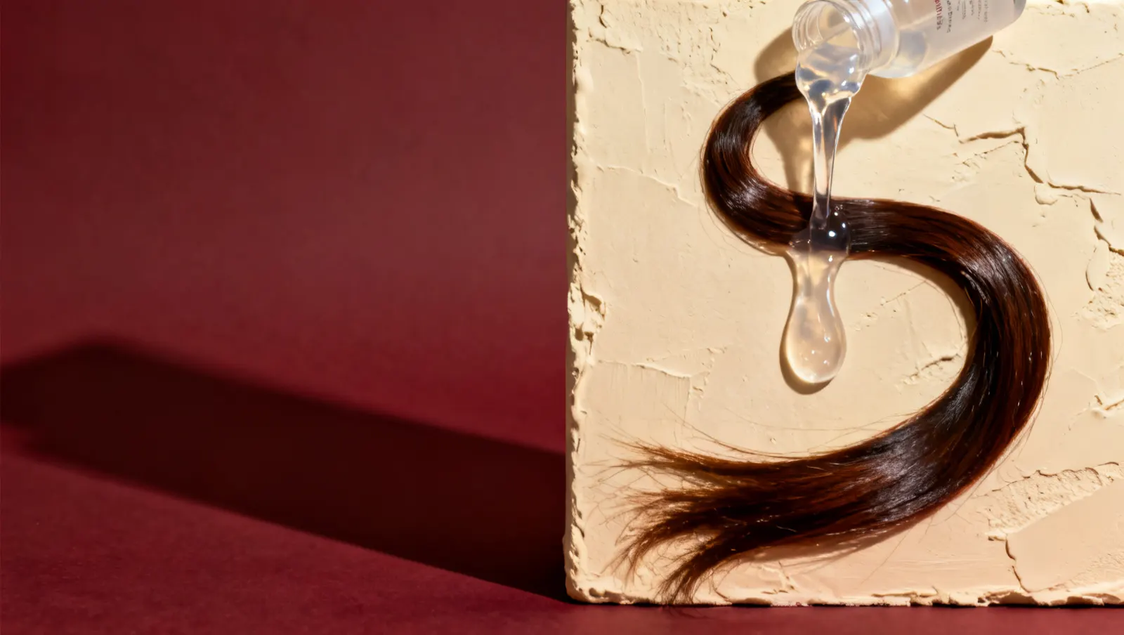 Natureza-morta em luz lateral dura: um fio de gel transparente espesso e uma mecha longa de cabelo escuro brilhante em curva, sobre fundo vinho e creme