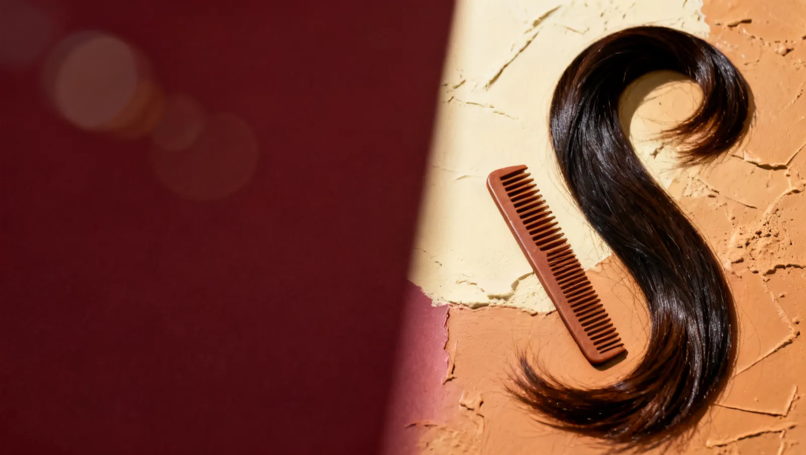 Natureza-morta em luz lateral dura: uma mecha longa de cabelo escuro brilhante em curva e um pente de dentes largos, sobre fundo vinho e creme