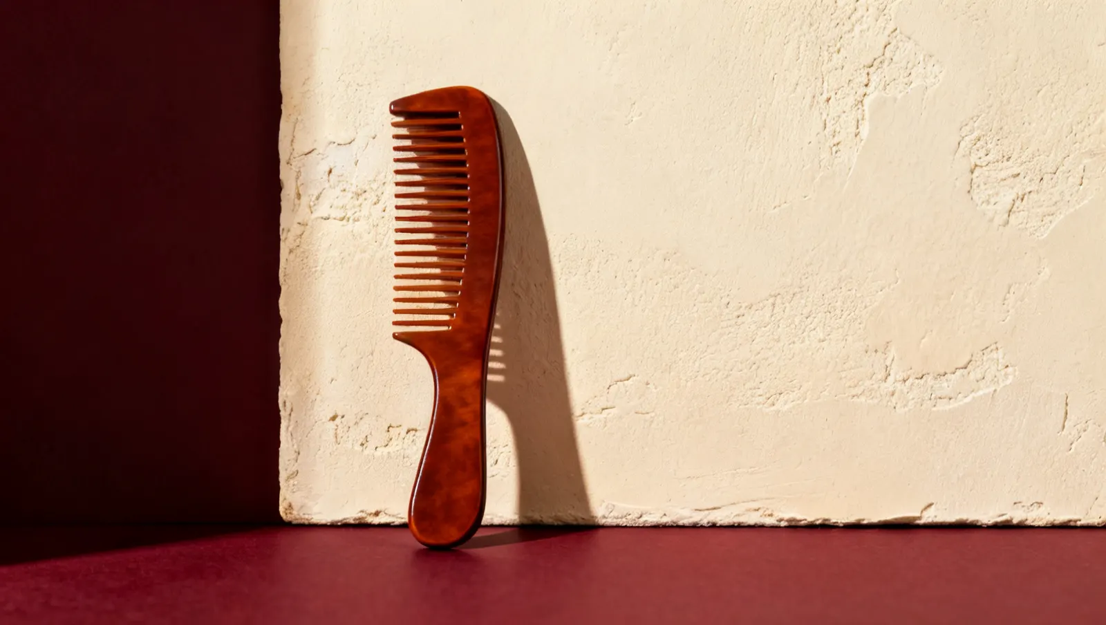 Natureza-morta em luz lateral dura: um pente de dentes largos, sobre fundo vinho e creme