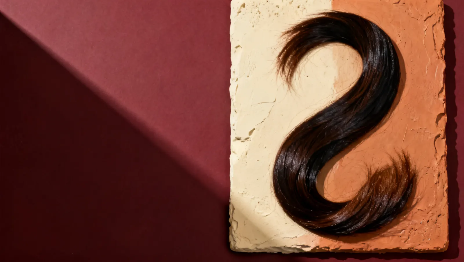 Natureza-morta em luz lateral dura: uma mecha longa de cabelo escuro brilhante em curva, sobre fundo vinho e creme