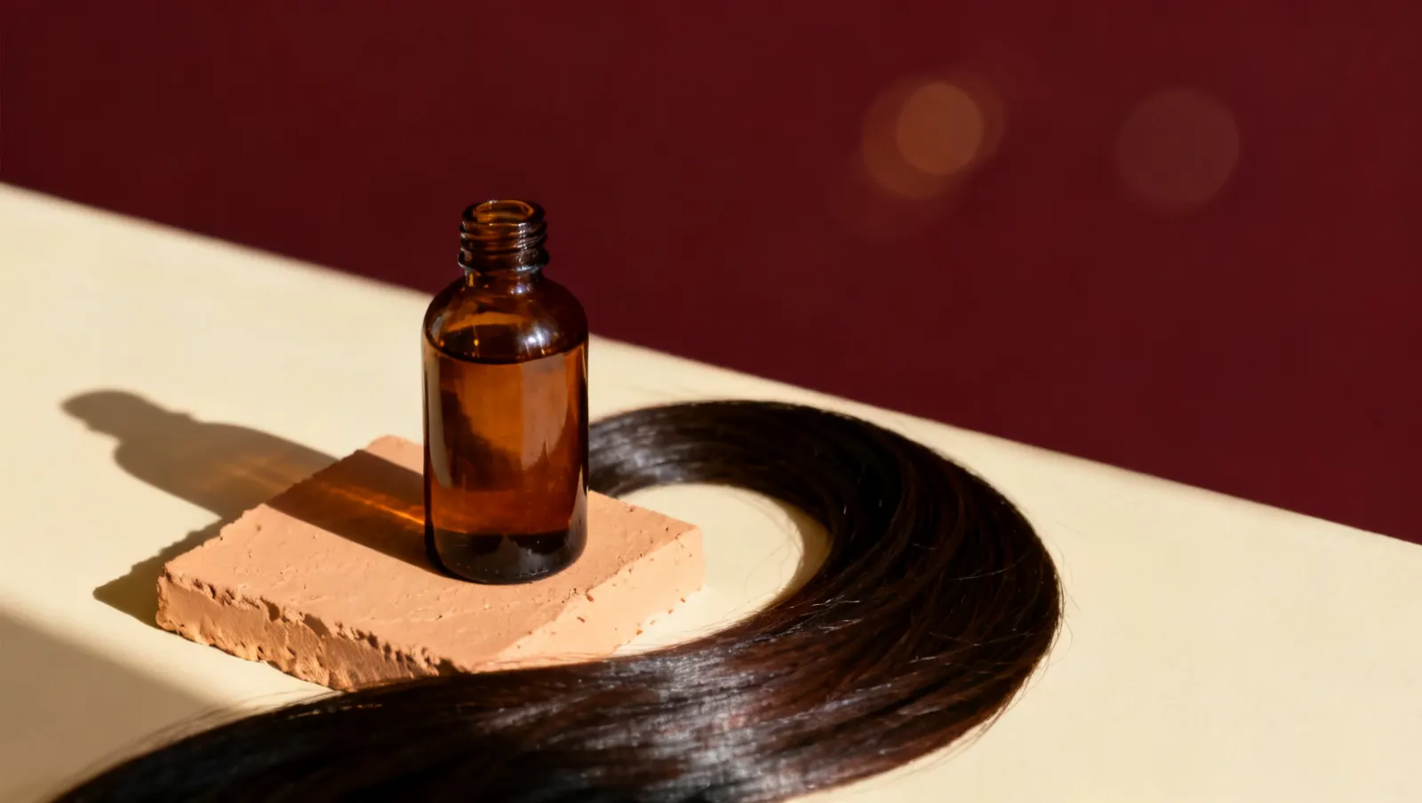 Natureza-morta em luz lateral dura: uma mecha longa de cabelo escuro brilhante em curva e um frasco de vidro ambar sem rotulo, sobre fundo vinho e creme