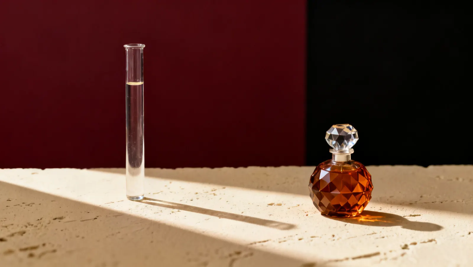 Natureza-morta em luz lateral dura: um frasco alto de vidro transparente e um frasco de cristal facetado sem rotulo, sobre fundo vinho e creme