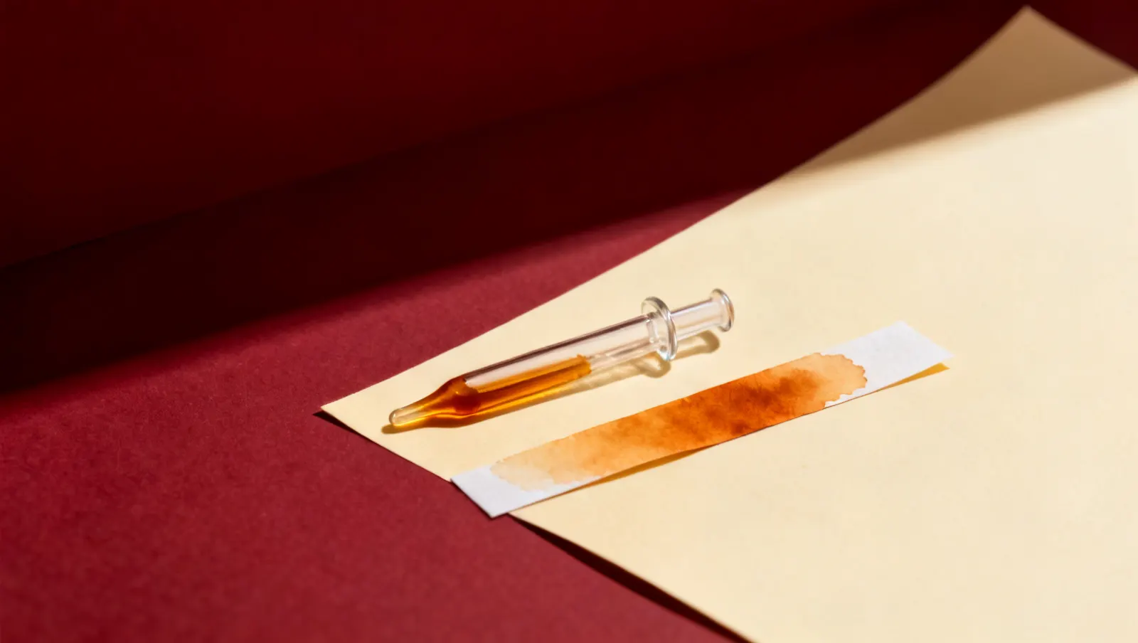 Natureza-morta em luz lateral dura: uma pipeta de vidro lisa e tiras estreitas de papel, uma manchada de ambar, sobre fundo vinho e creme
