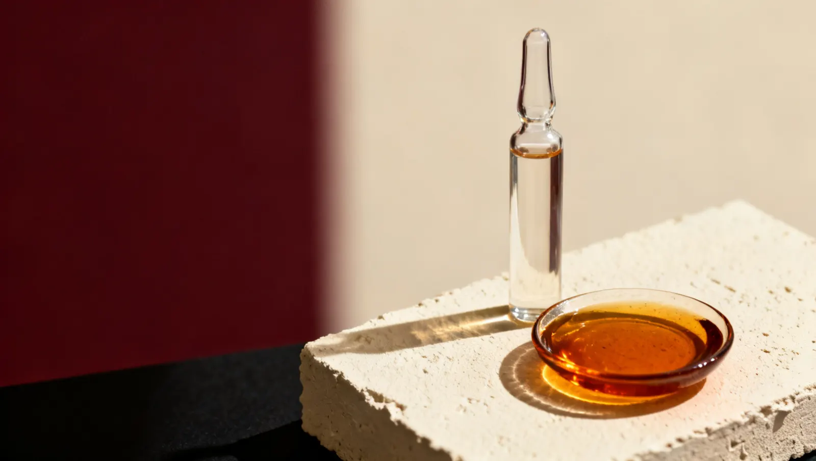Natureza-morta em luz lateral dura: um frasco alto de vidro transparente e um prato raso com liquido ambar, sobre fundo vinho e creme