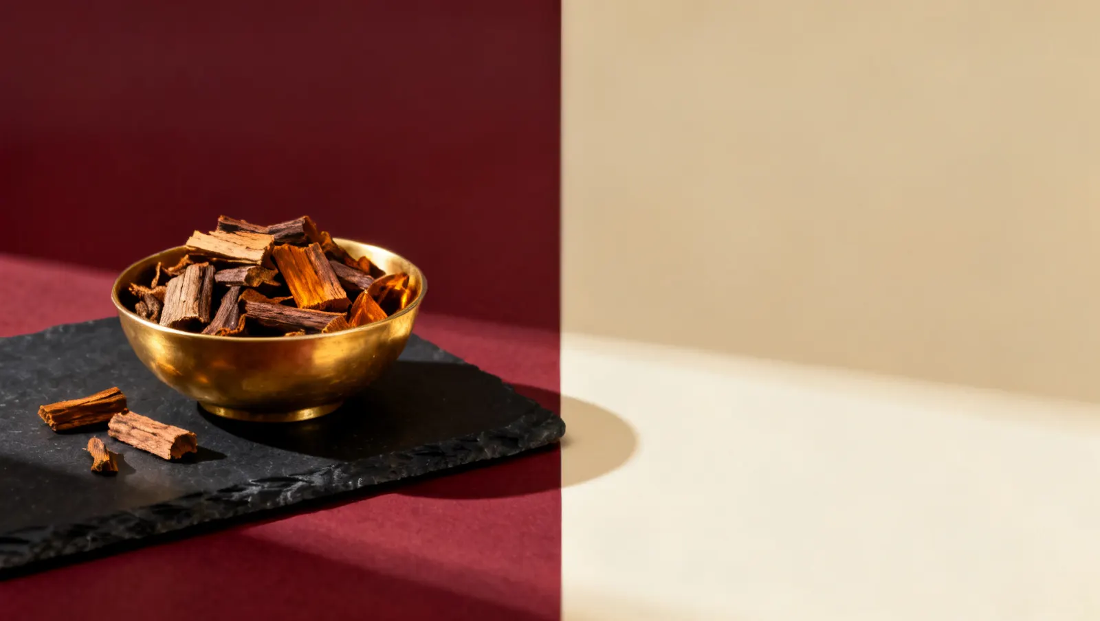 Natureza-morta em luz lateral dura: lascas de madeira de oud e uma tigela lisa de latao, sobre fundo vinho e creme