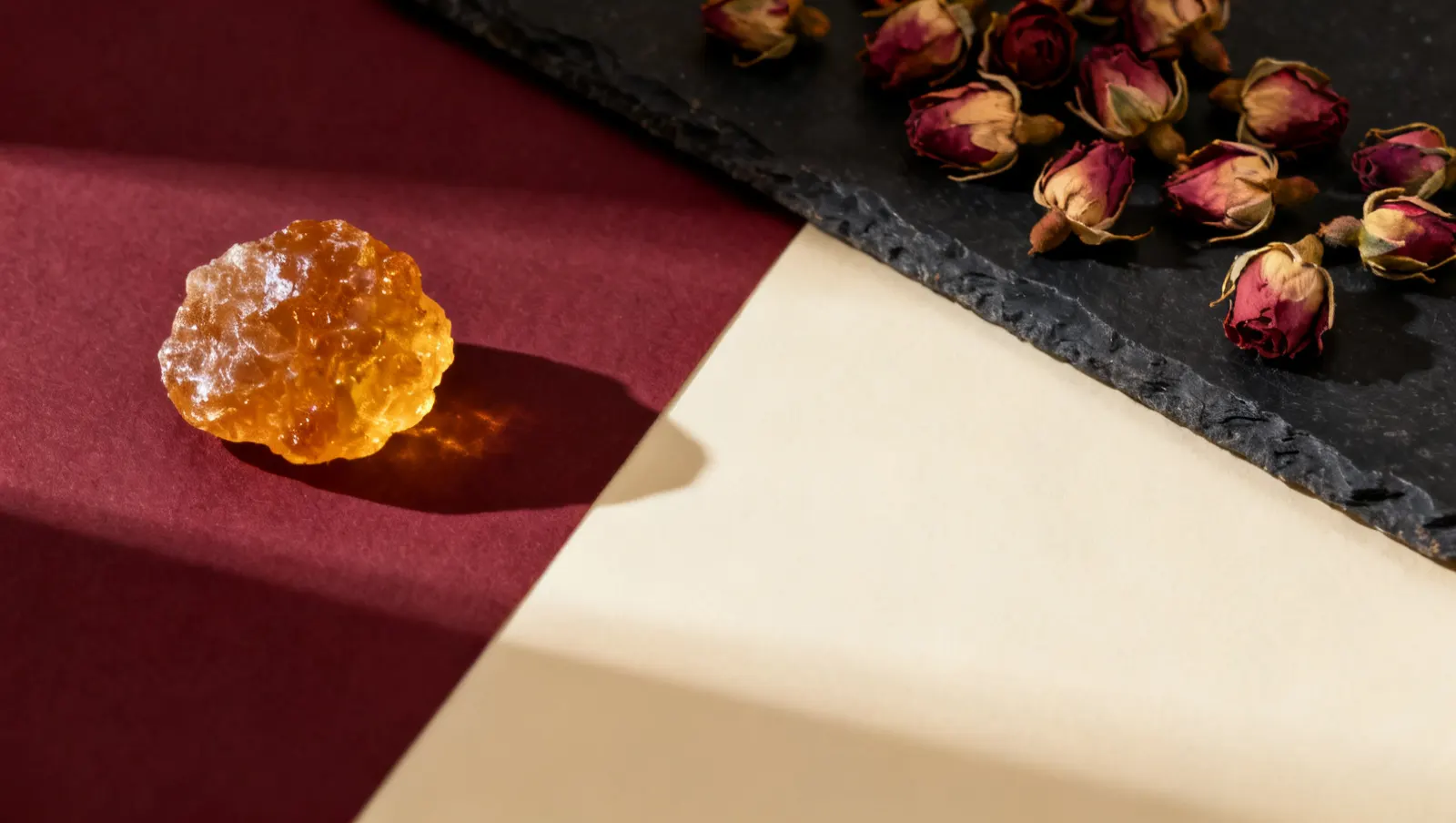 Natureza-morta em luz lateral dura: um bloco de resina de ambar dourado e botoes de rosa secos espalhados, sobre fundo vinho e creme