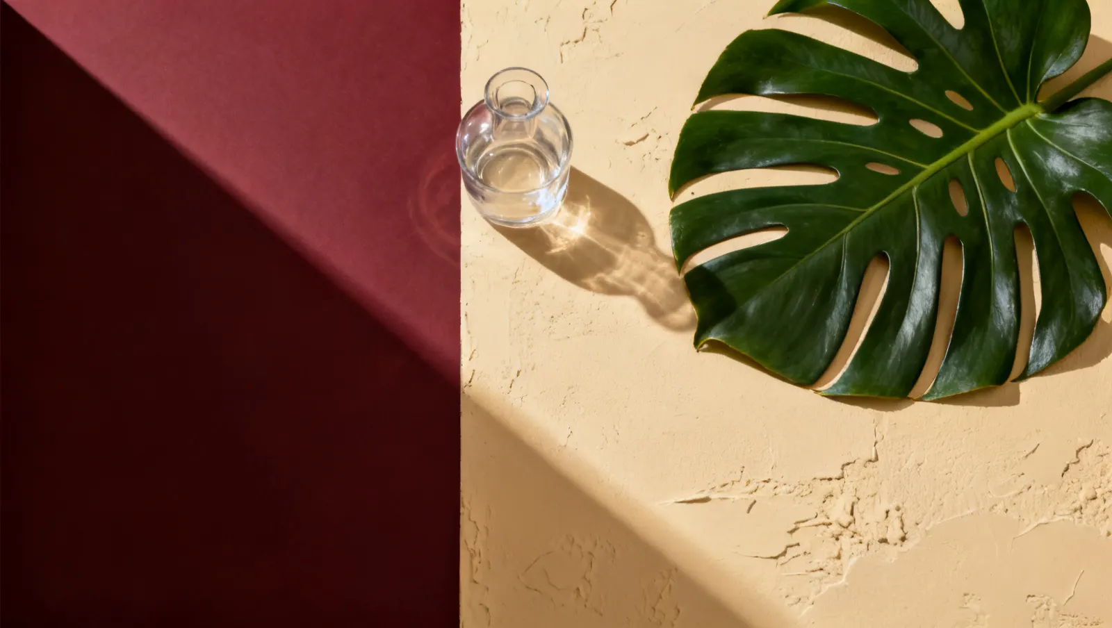 Natureza-morta em luz lateral dura: um recipiente de vidro sem rotulo e uma folha tropical grande, sobre fundo vinho e creme