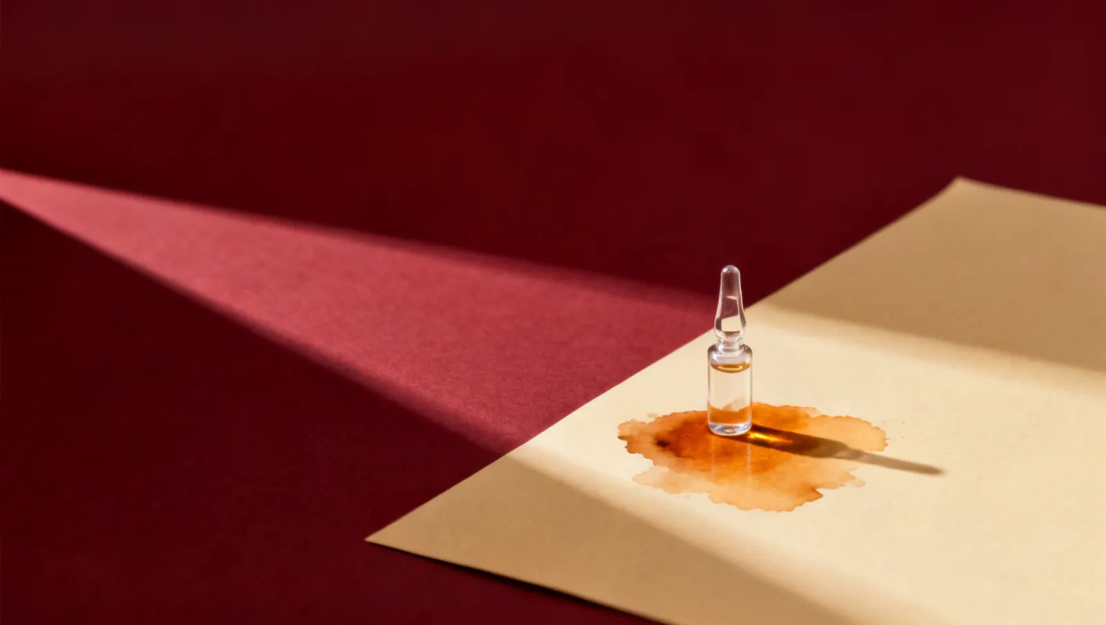 Natureza-morta em luz lateral dura: um frasco pequeno de vidro transparente, sobre fundo vinho e creme