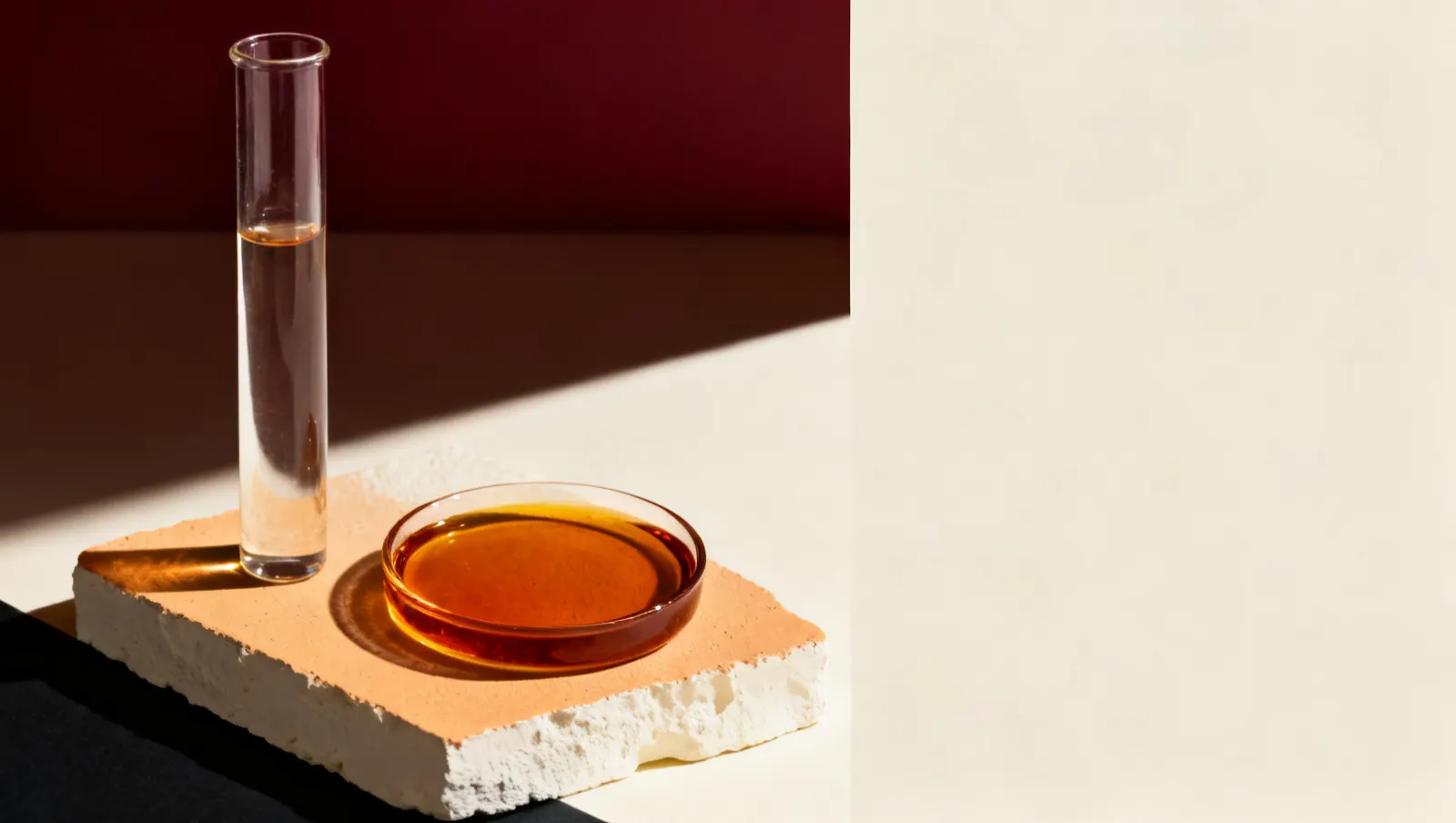 Natureza-morta em luz lateral dura: um frasco alto de vidro transparente e um prato raso com liquido ambar, sobre fundo vinho e creme