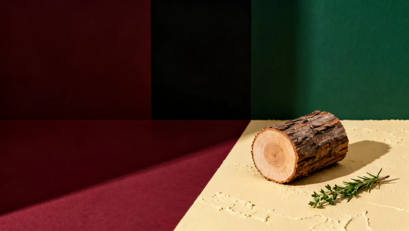 Natureza-morta em luz lateral dura: um corte de madeira bruta e um ramo de ervas frescas, sobre fundo vinho e creme