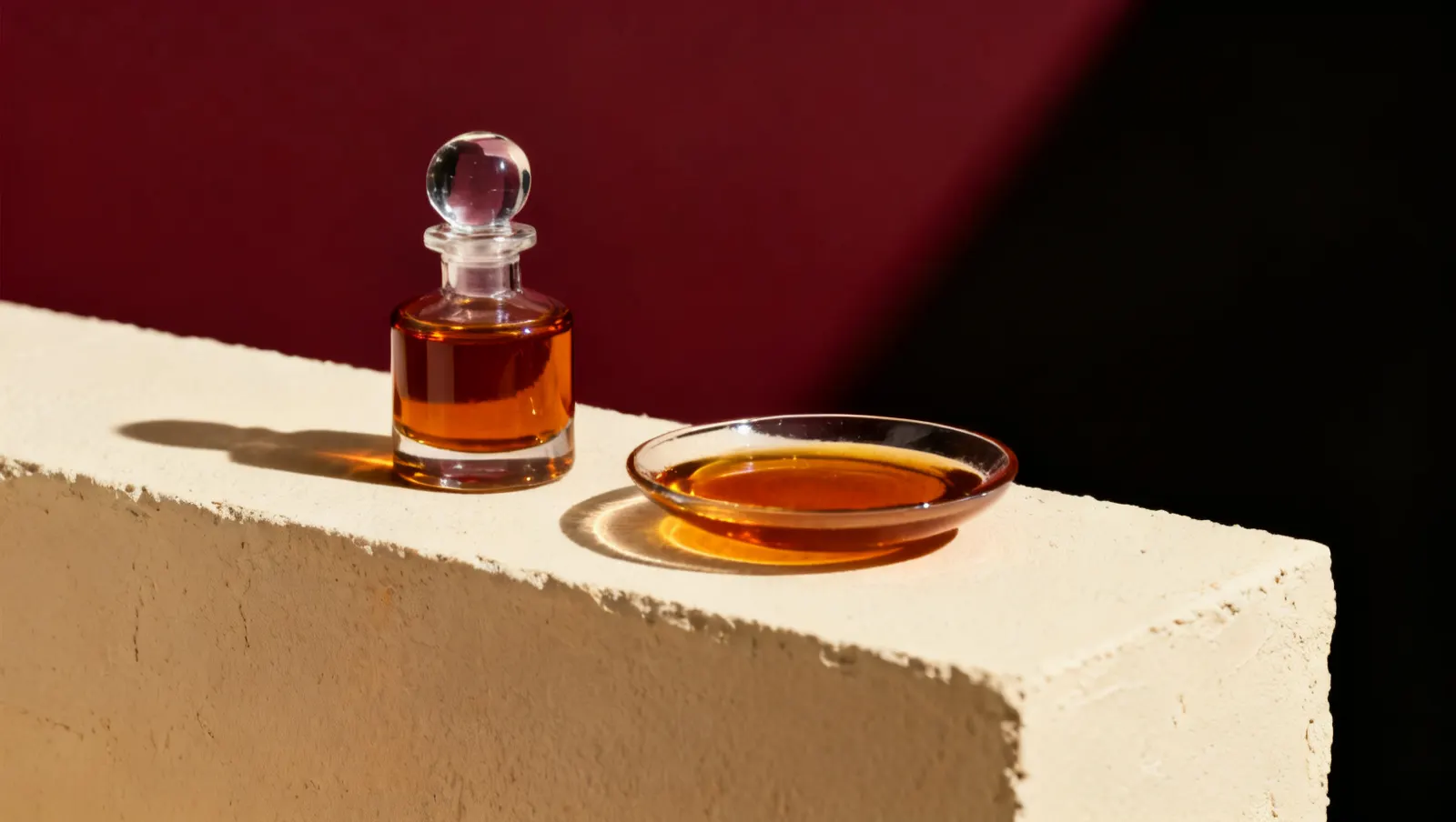 Natureza-morta em luz lateral dura: uma tampa pesada de vidro transparente e um prato raso com liquido ambar, sobre fundo vinho e creme