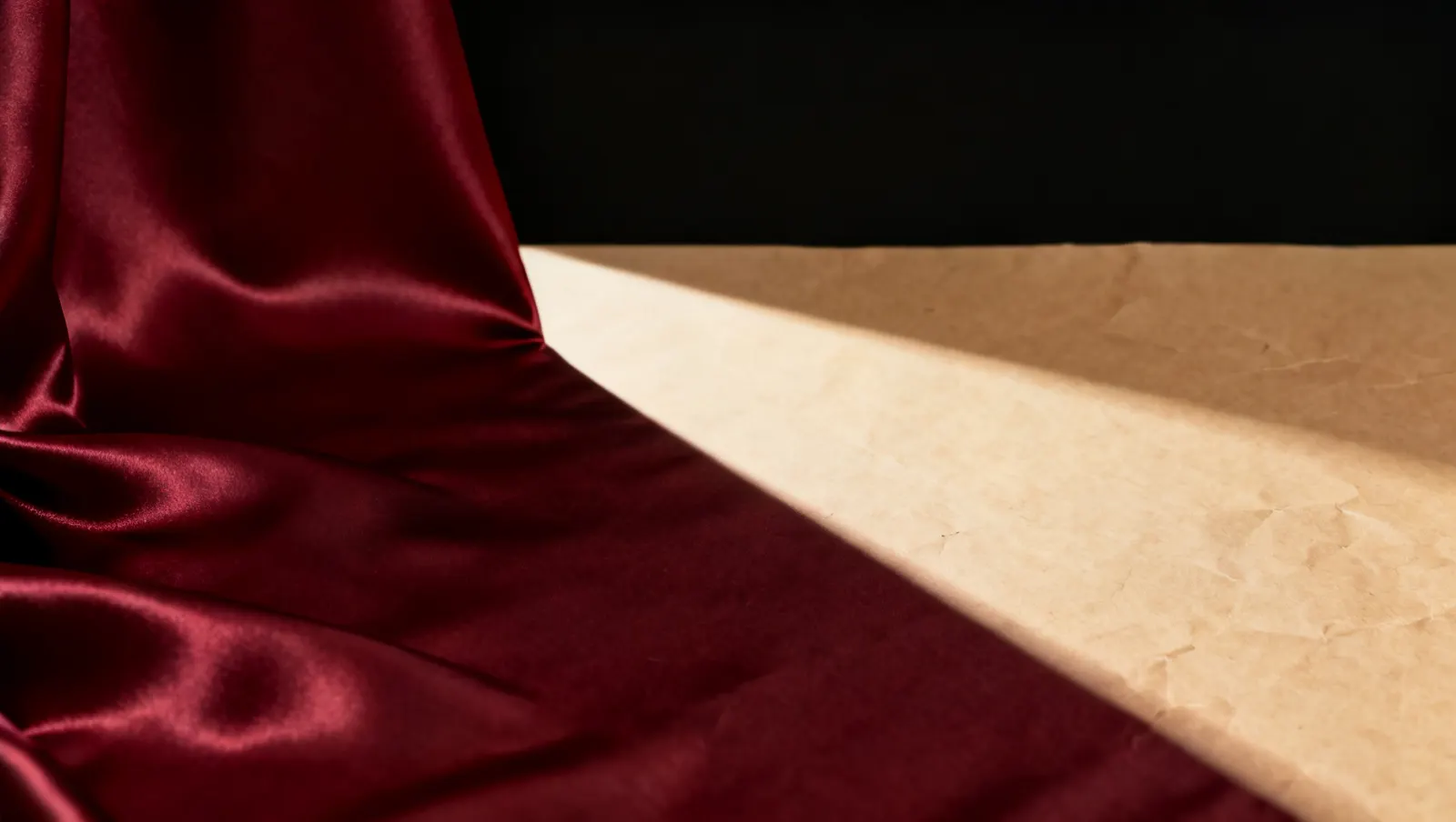 Natureza-morta em luz lateral dura: uma folha de papel kraft texturizado, sobre fundo vinho e creme