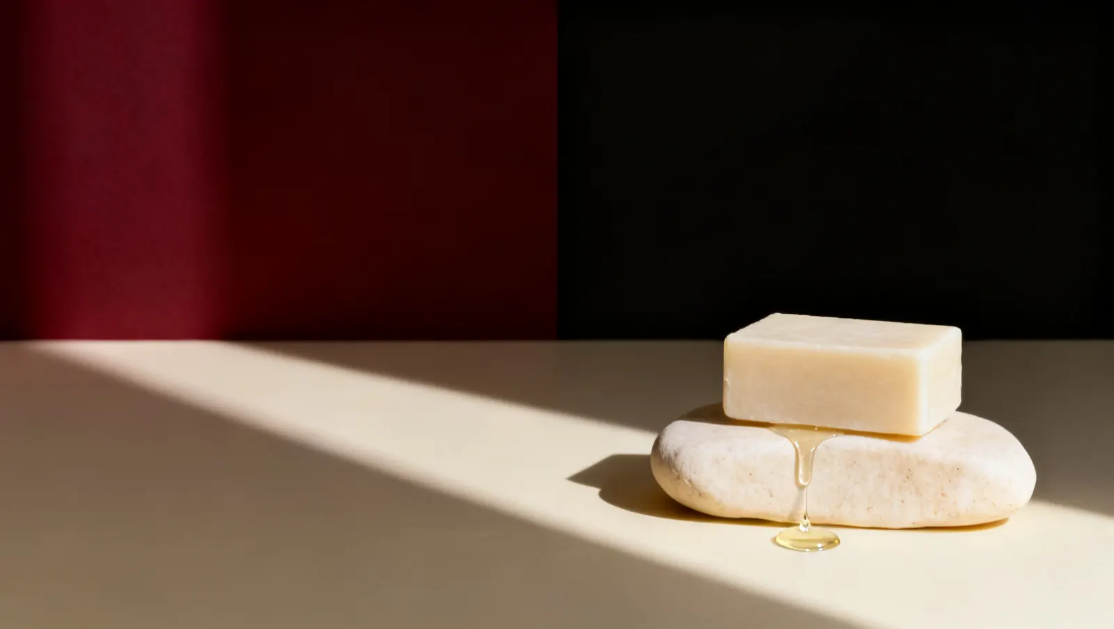 Natureza-morta em luz lateral dura: uma barra de sabonete lisa e uma gota lenta de oleo transparente, sobre fundo vinho e creme