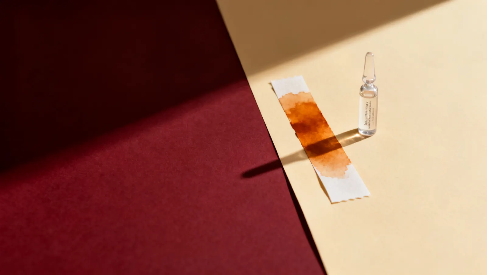 Natureza-morta em luz lateral dura: tiras estreitas de papel, uma manchada de ambar e um frasco pequeno de vidro transparente, sobre fundo vinho e creme