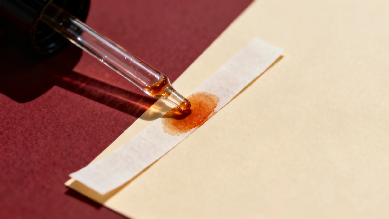 Natureza-morta em luz lateral dura: uma pipeta de vidro lisa e tiras estreitas de papel, uma manchada de ambar, sobre fundo vinho e creme