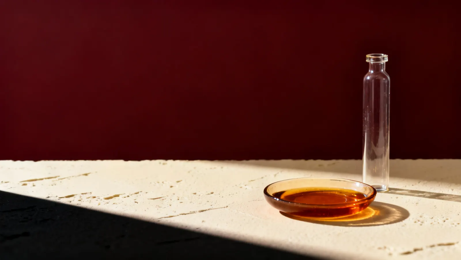 Natureza-morta em luz lateral dura: um frasco alto de vidro transparente e um prato raso com liquido ambar, sobre fundo vinho e creme
