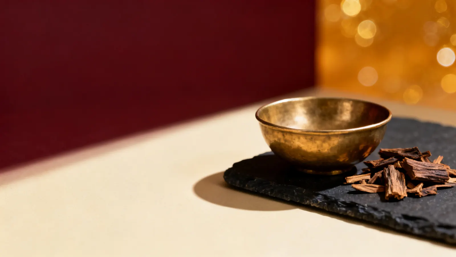 Natureza-morta em luz lateral dura: uma tigela lisa de latao e lascas de madeira de oud, sobre fundo vinho e creme