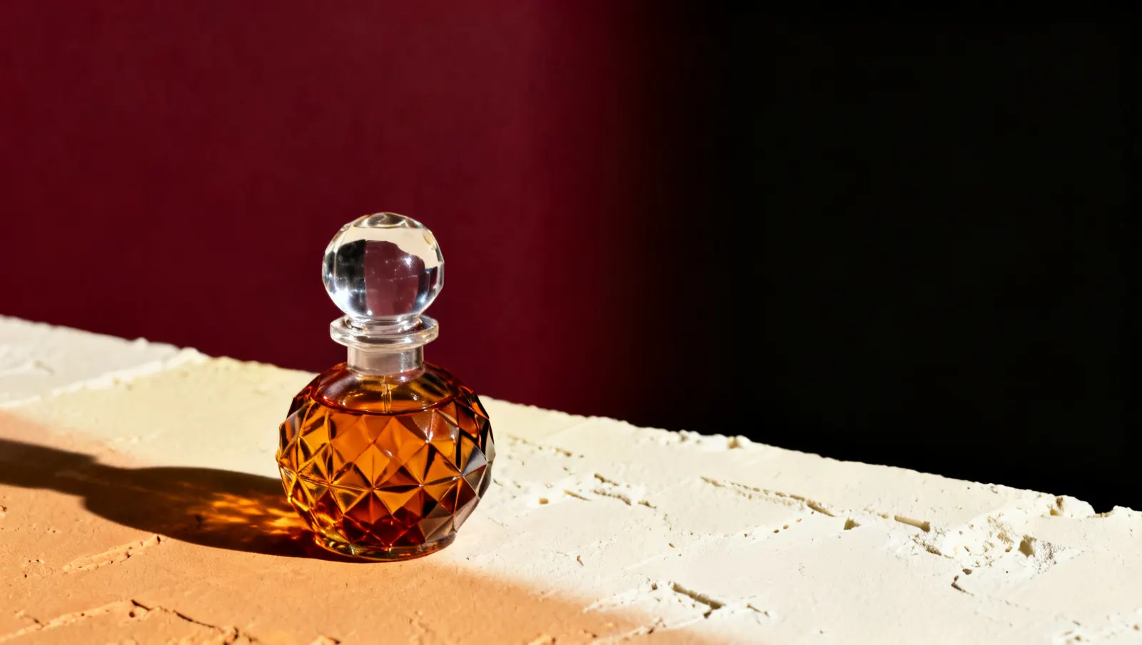 Natureza-morta em luz lateral dura: uma tampa pesada de vidro transparente e um frasco de cristal facetado sem rotulo, sobre fundo vinho e creme
