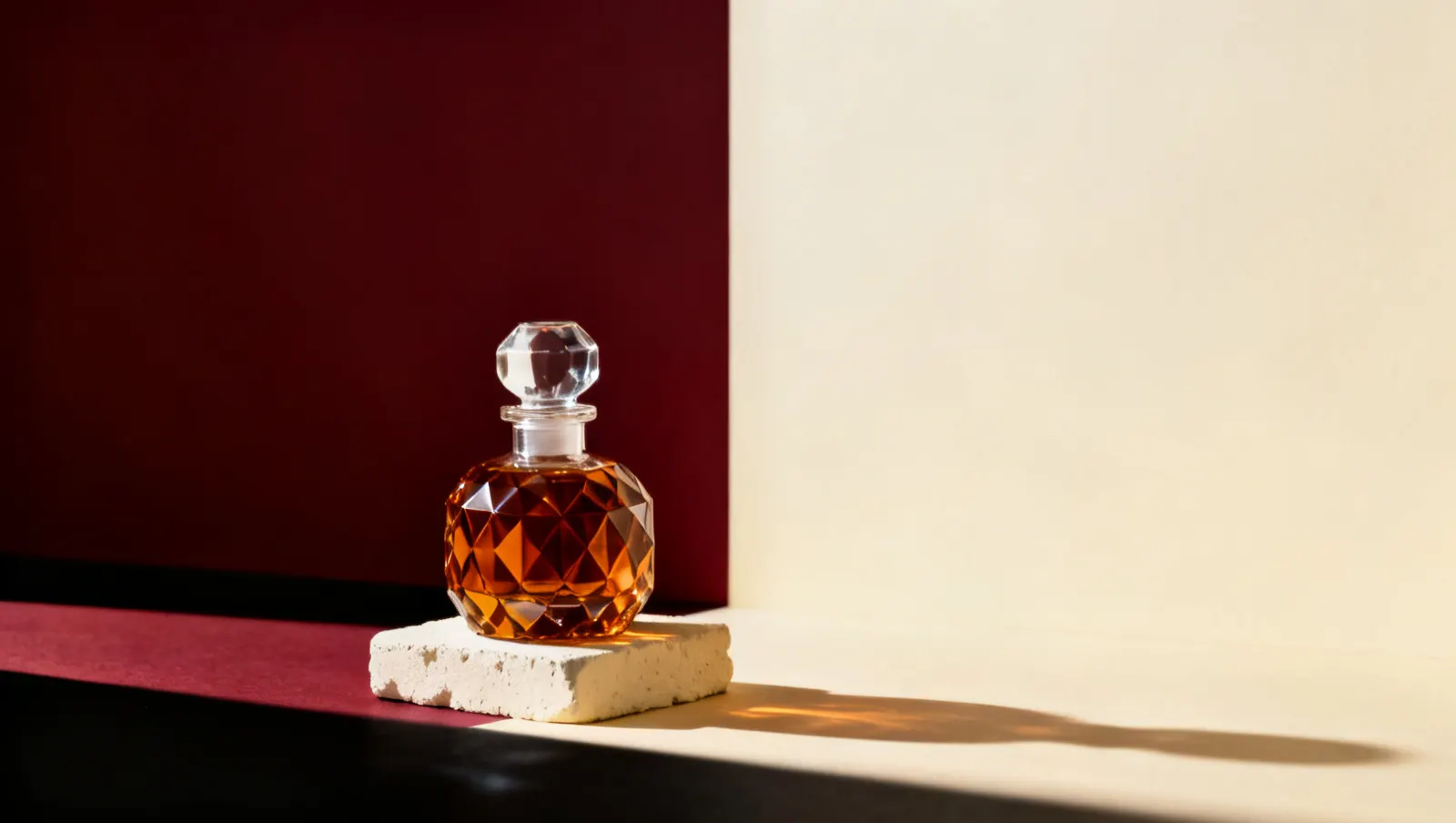 Natureza-morta em luz lateral dura: uma tampa pesada de vidro transparente e um frasco de cristal facetado sem rotulo, sobre fundo vinho e creme