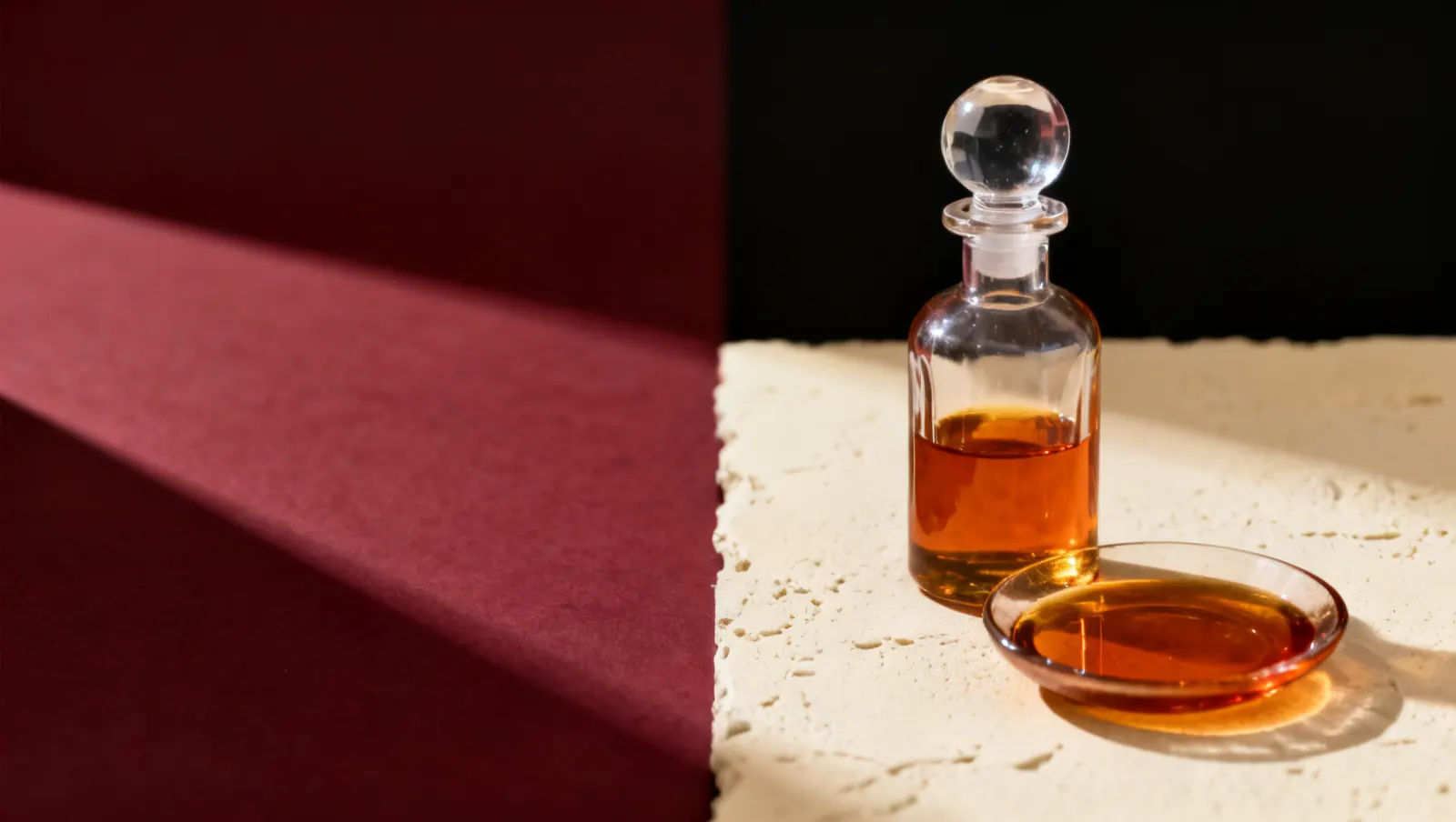 Natureza-morta em luz lateral dura: uma tampa pesada de vidro transparente e um prato raso com liquido ambar, sobre fundo vinho e creme