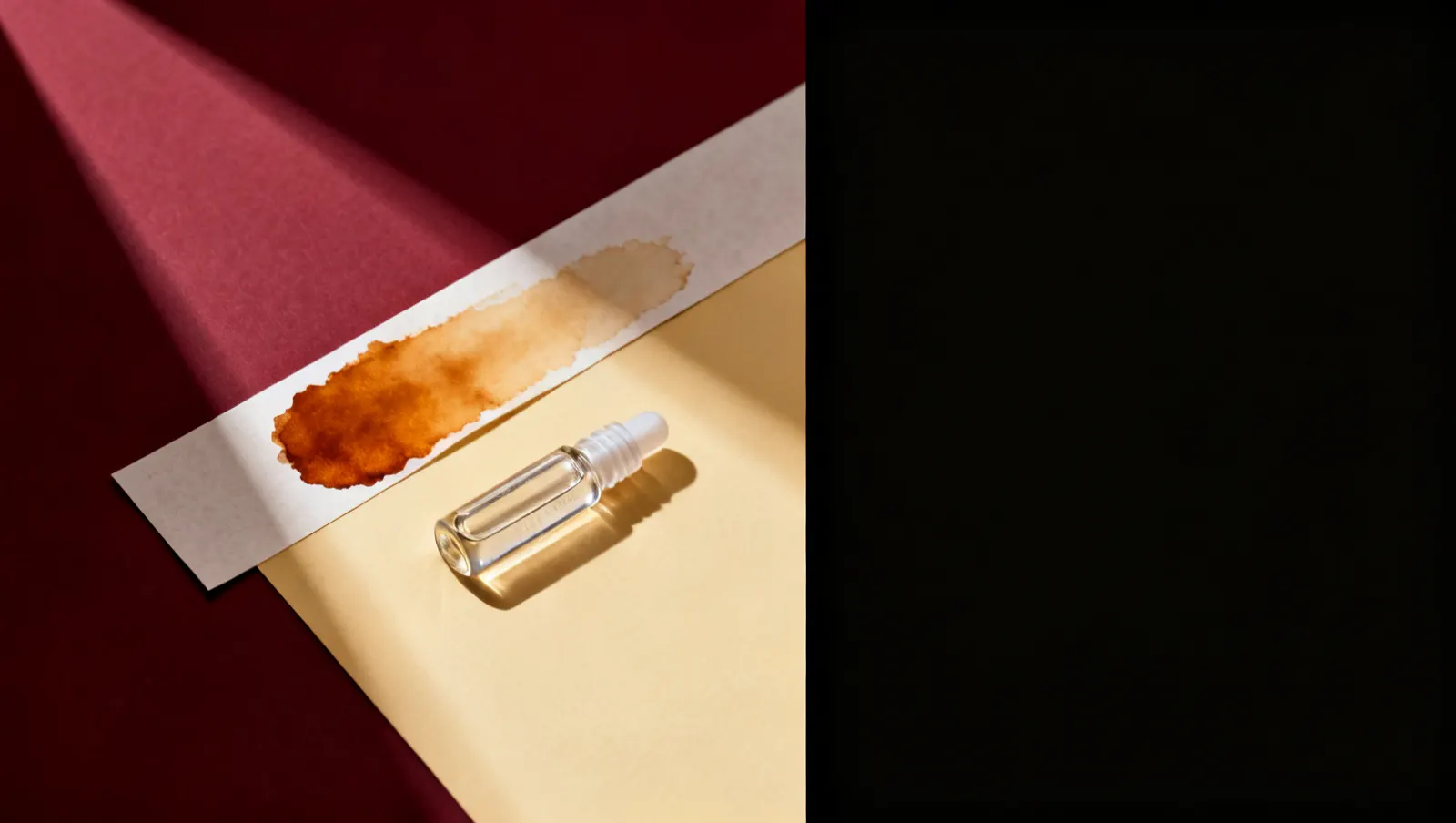 Natureza-morta em luz lateral dura: tiras estreitas de papel, uma manchada de ambar e um frasco pequeno de vidro transparente, sobre fundo vinho e creme
