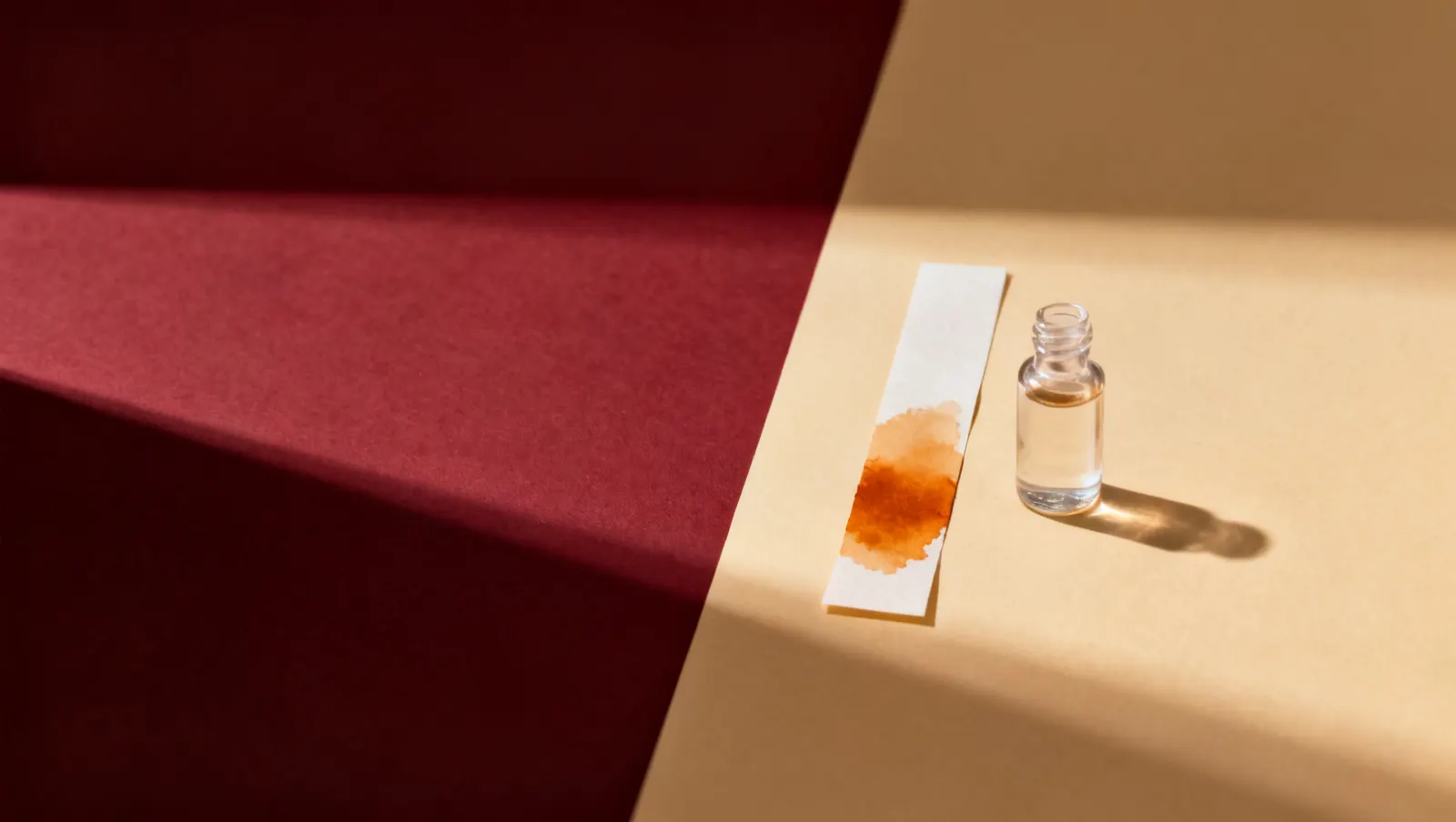Natureza-morta em luz lateral dura: tiras estreitas de papel, uma manchada de ambar e um frasco pequeno de vidro transparente, sobre fundo vinho e creme